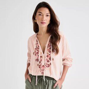 Splendid 'Stefania' Embroidered Cotton-Blend Long-Sleeve Top, Patina Pink